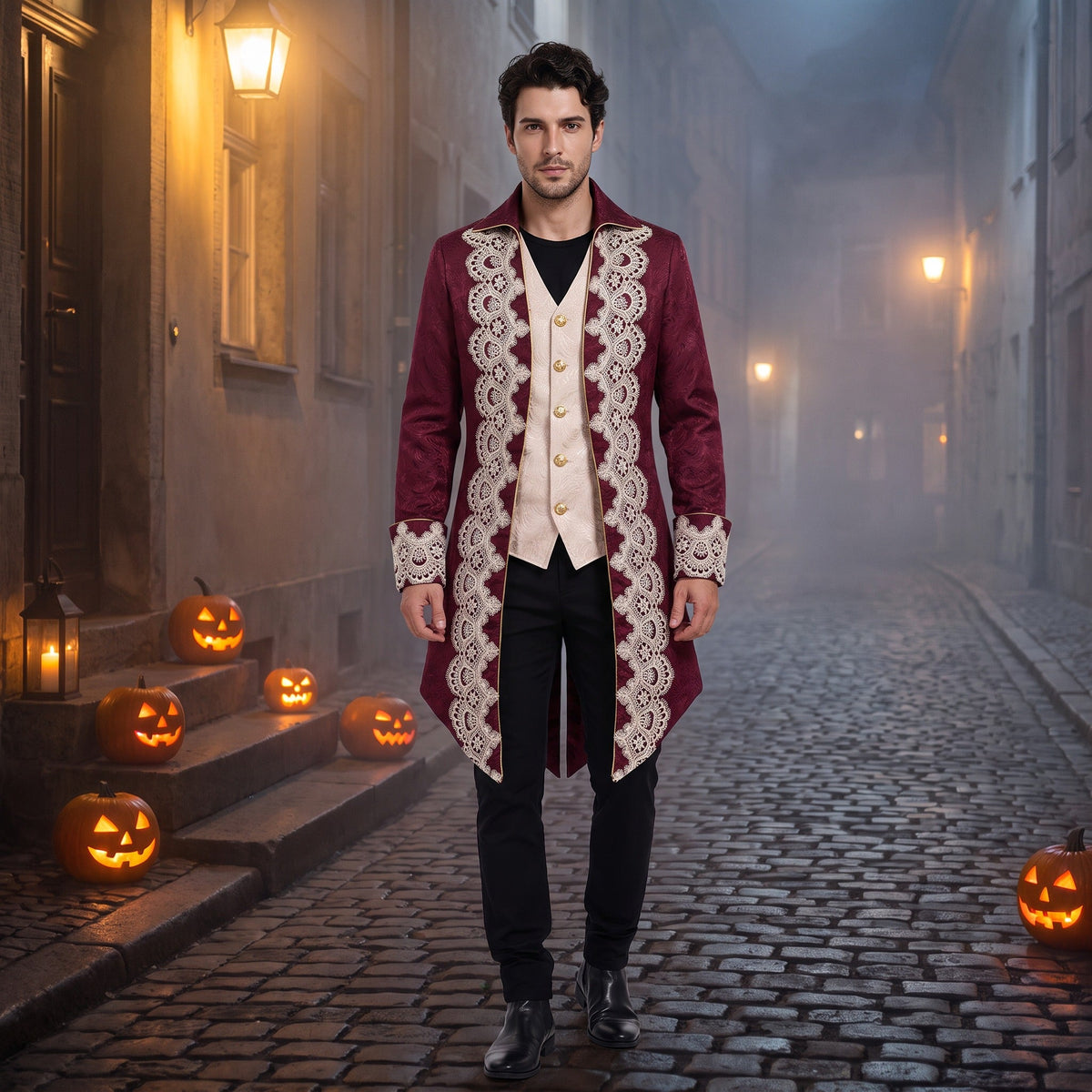 Man wearing burgundy Victorian frock coat with gold lace trim outdoors | Chaps London