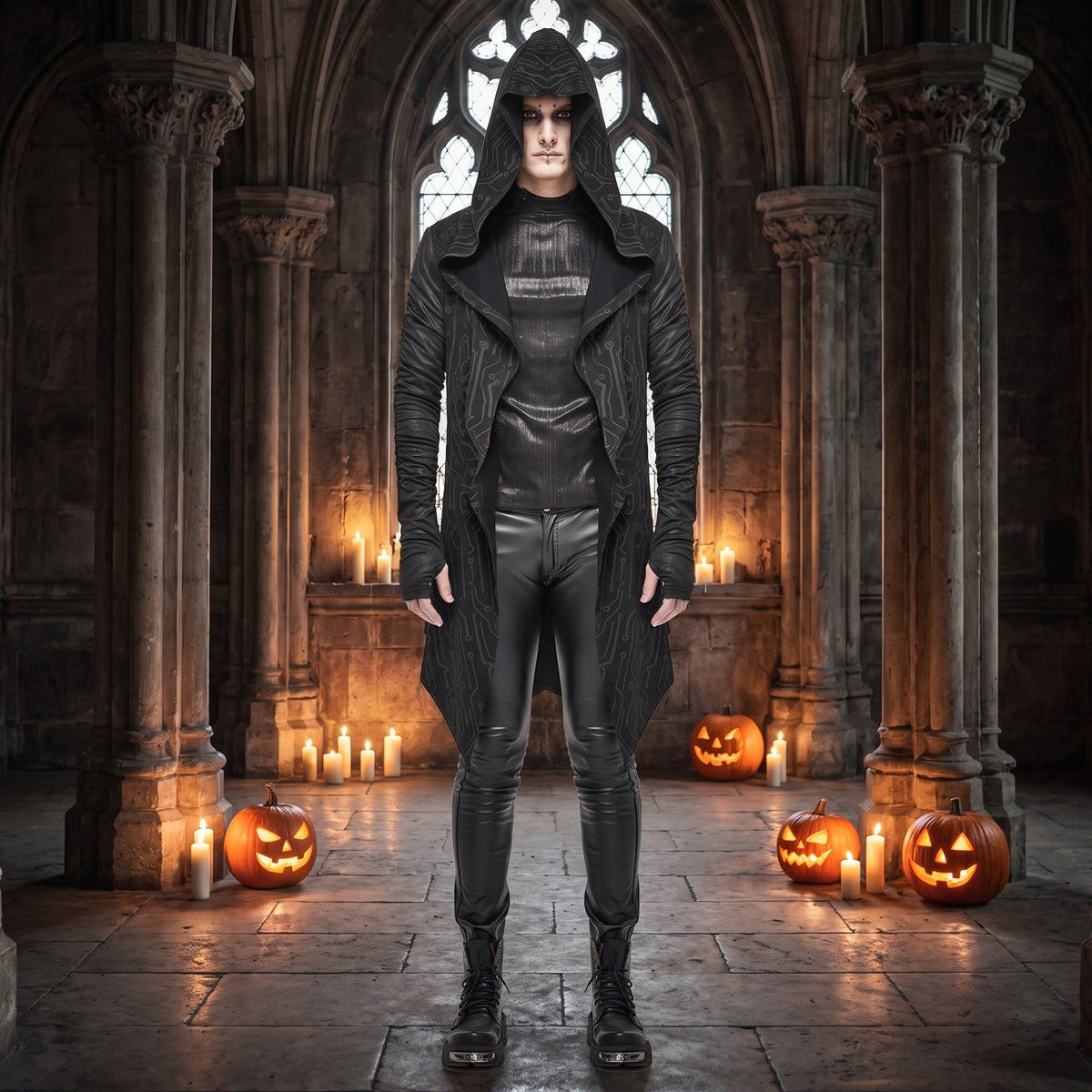 Man wearing black hooded open-front cardigan with leather-look pants in gothic setting | Chaps London