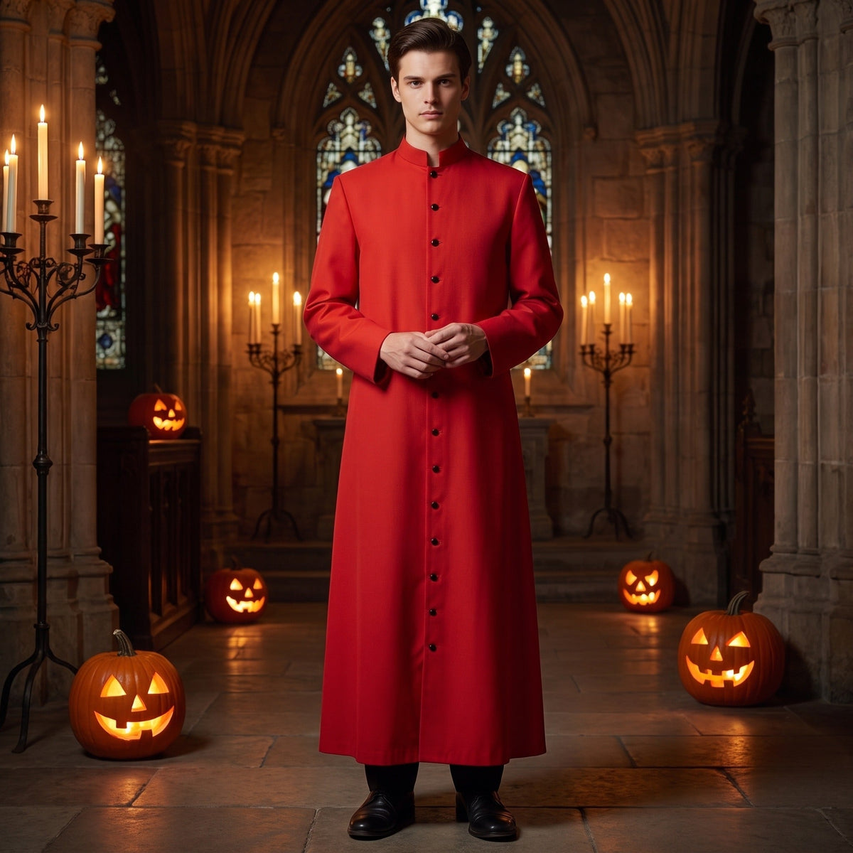 Man wearing red button-front cassock with stand collar in gothic hall | Chaps London