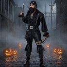 Man wearing black pirate costume with ruffle shirt and bandana, holding sword | Chaps London