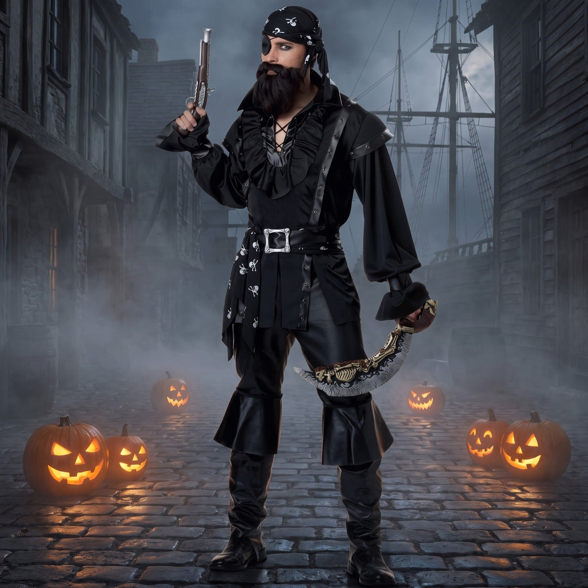 Man wearing black pirate costume with ruffle shirt and bandana, holding sword | Chaps London