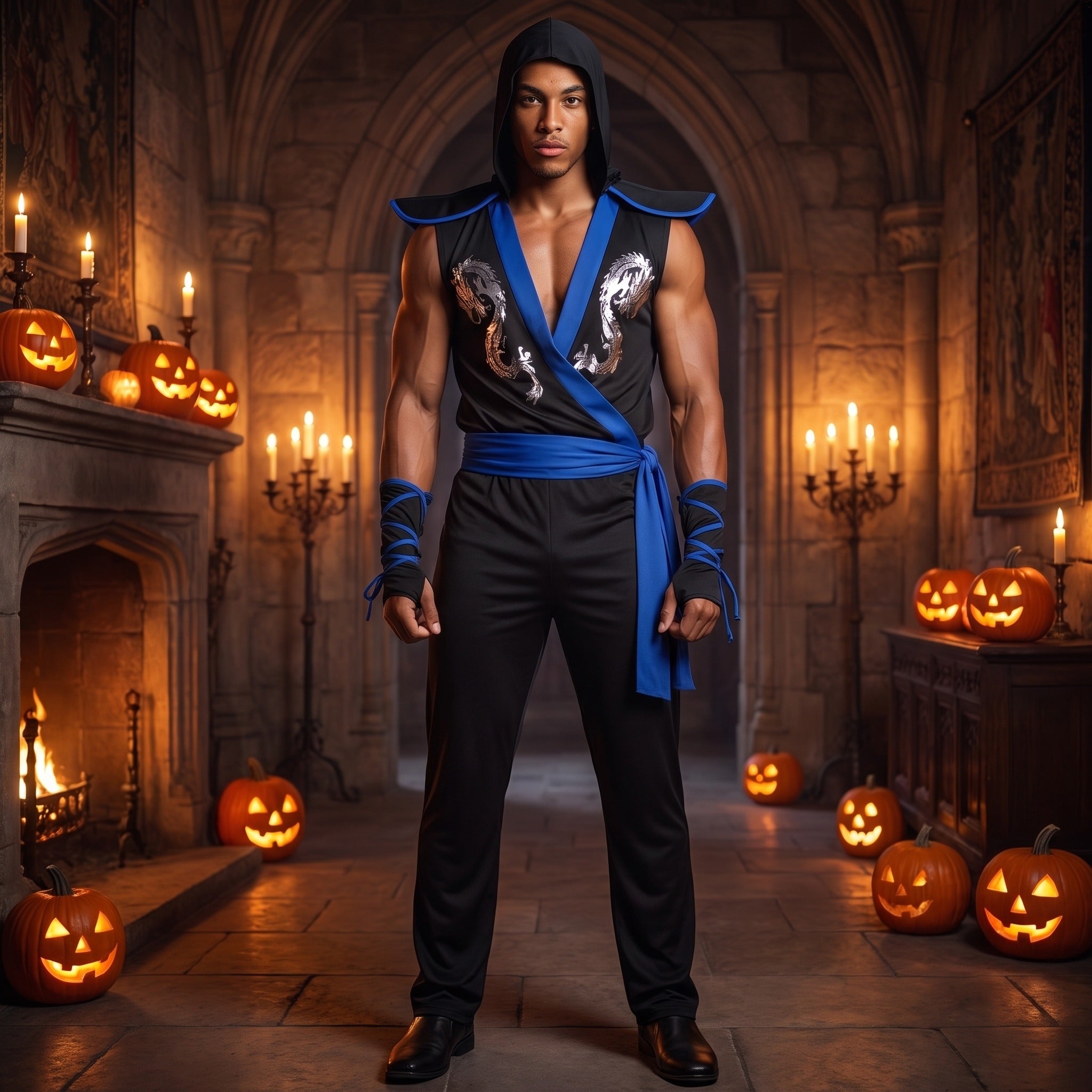 Man wearing black and blue hooded ninja tunic with gauntlets and sash | Chaps London