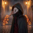 Brown plague doctor mask with rivets worn by person in alley | Chaps London