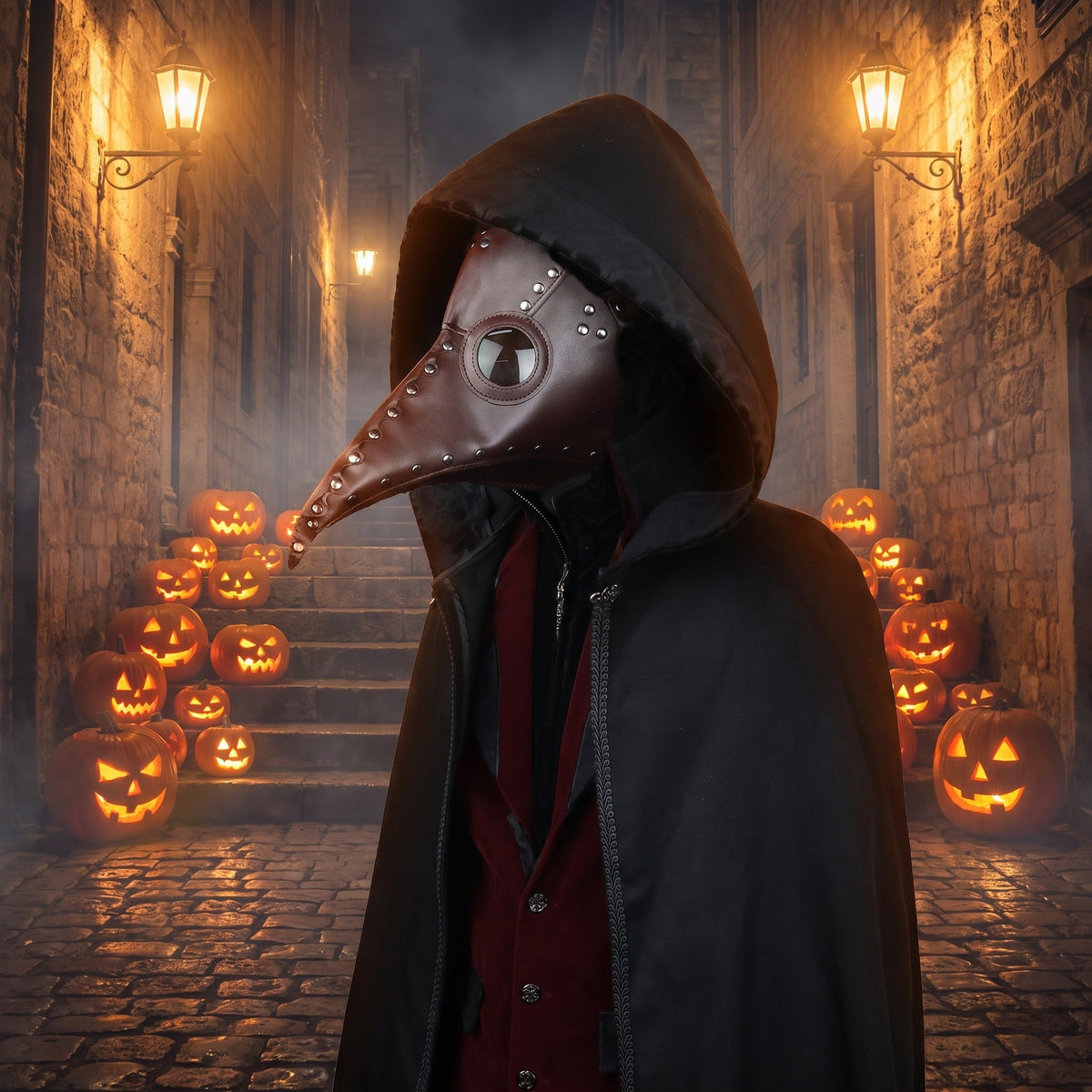 Brown plague doctor mask with rivets worn by person in alley | Chaps London