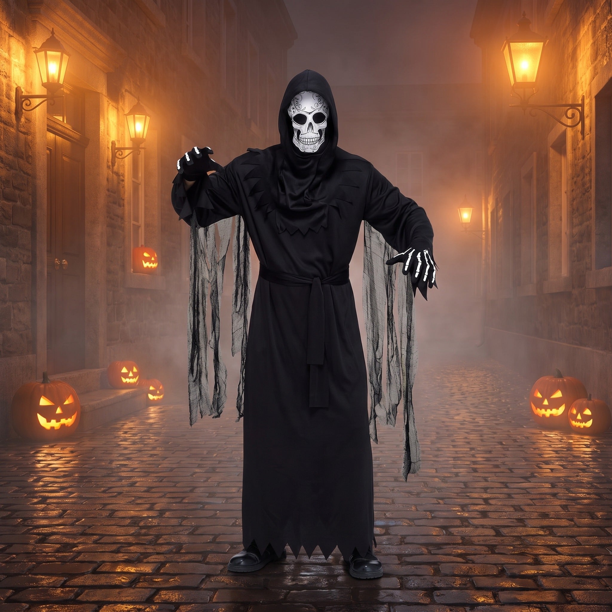 Black grim reaper costume with skull mask worn by person outdoors | Chaps London