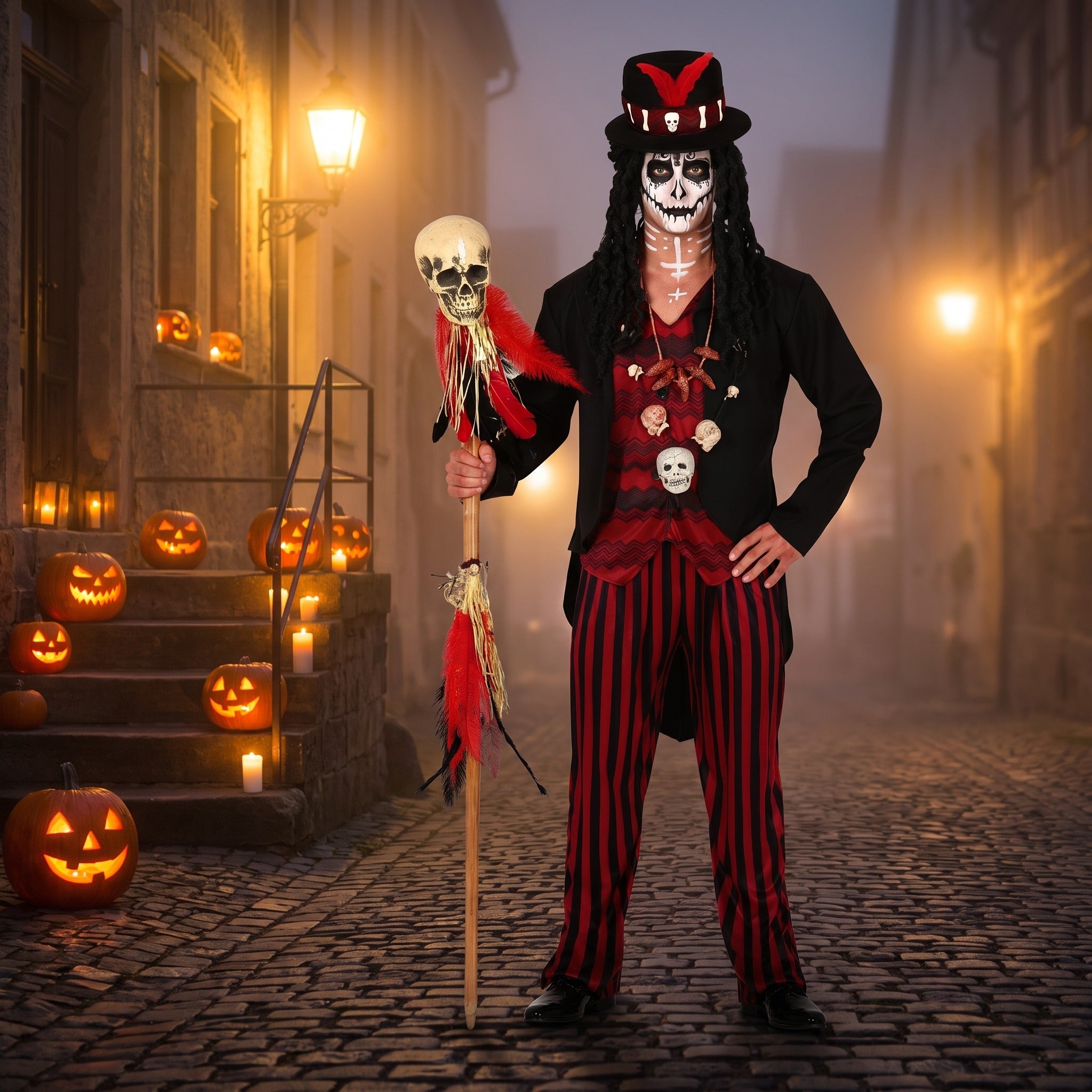 Man wearing black red striped voodoo costume with top hat and skull staff | Chaps London