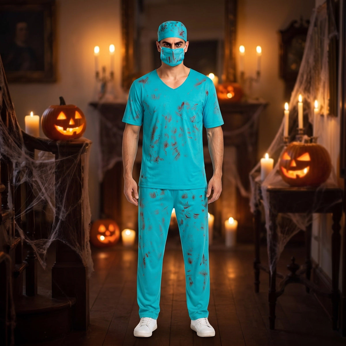 Man wearing teal bloodstained scrubs costume with cap and mask | Chaps London