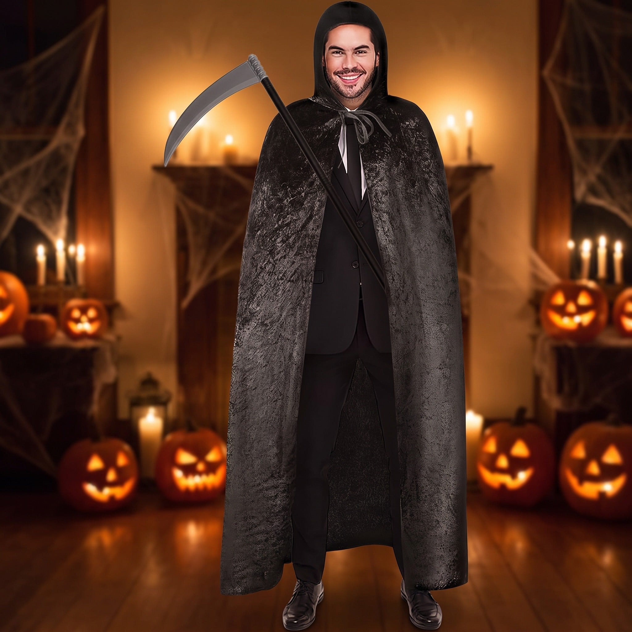 Man wearing black hooded cape costume holding scythe, Halloween pumpkin backdrop | Chaps London