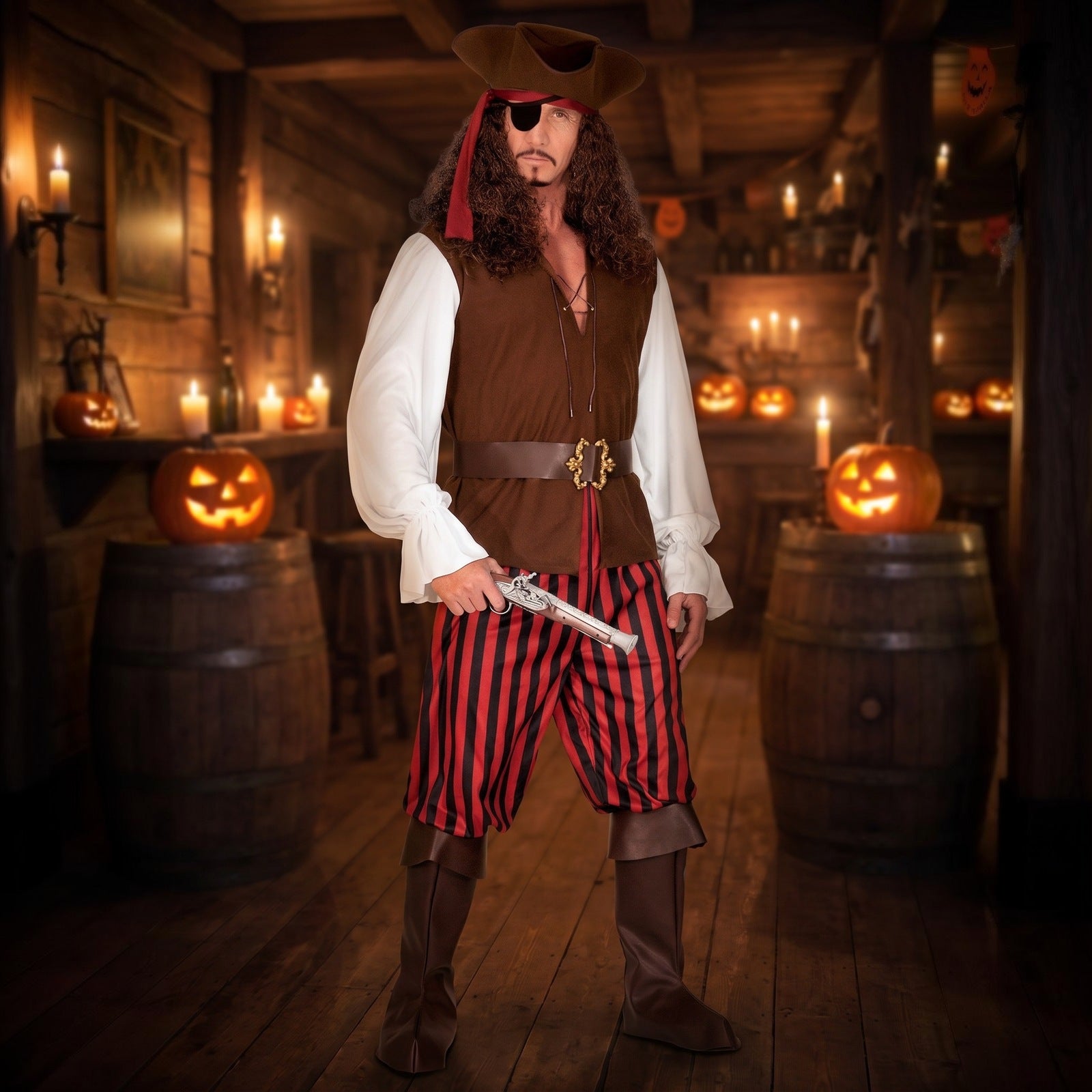 Man wearing brown vest, striped breeches, tricorn hat, and eye patch | Chaps London