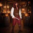Man wearing brown vest, striped breeches, tricorn hat, and eye patch | Chaps London