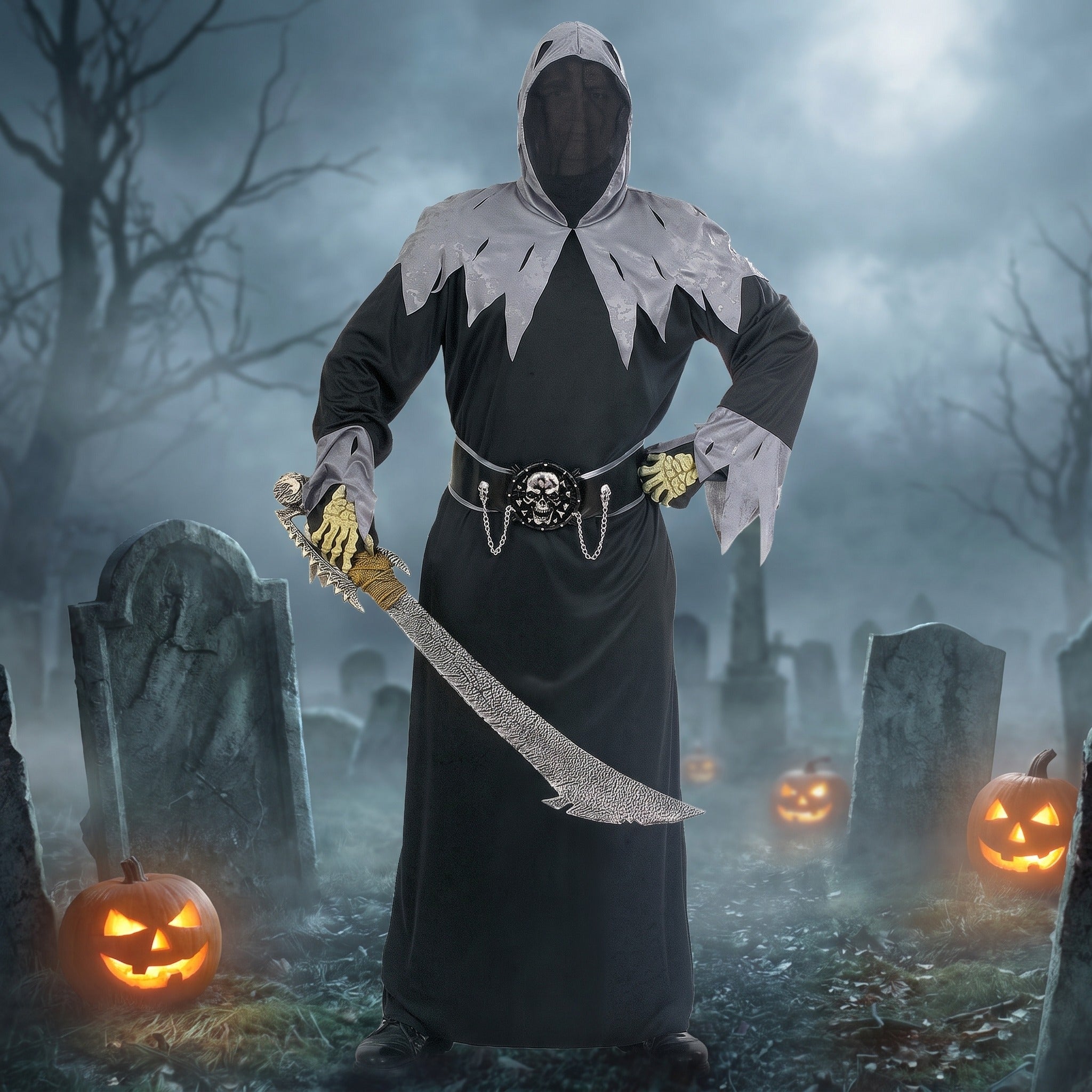 Person wearing black hooded robe costume with skull belt and scythe outdoors | Chaps London