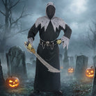 Person wearing black hooded robe costume with skull belt and scythe outdoors | Chaps London