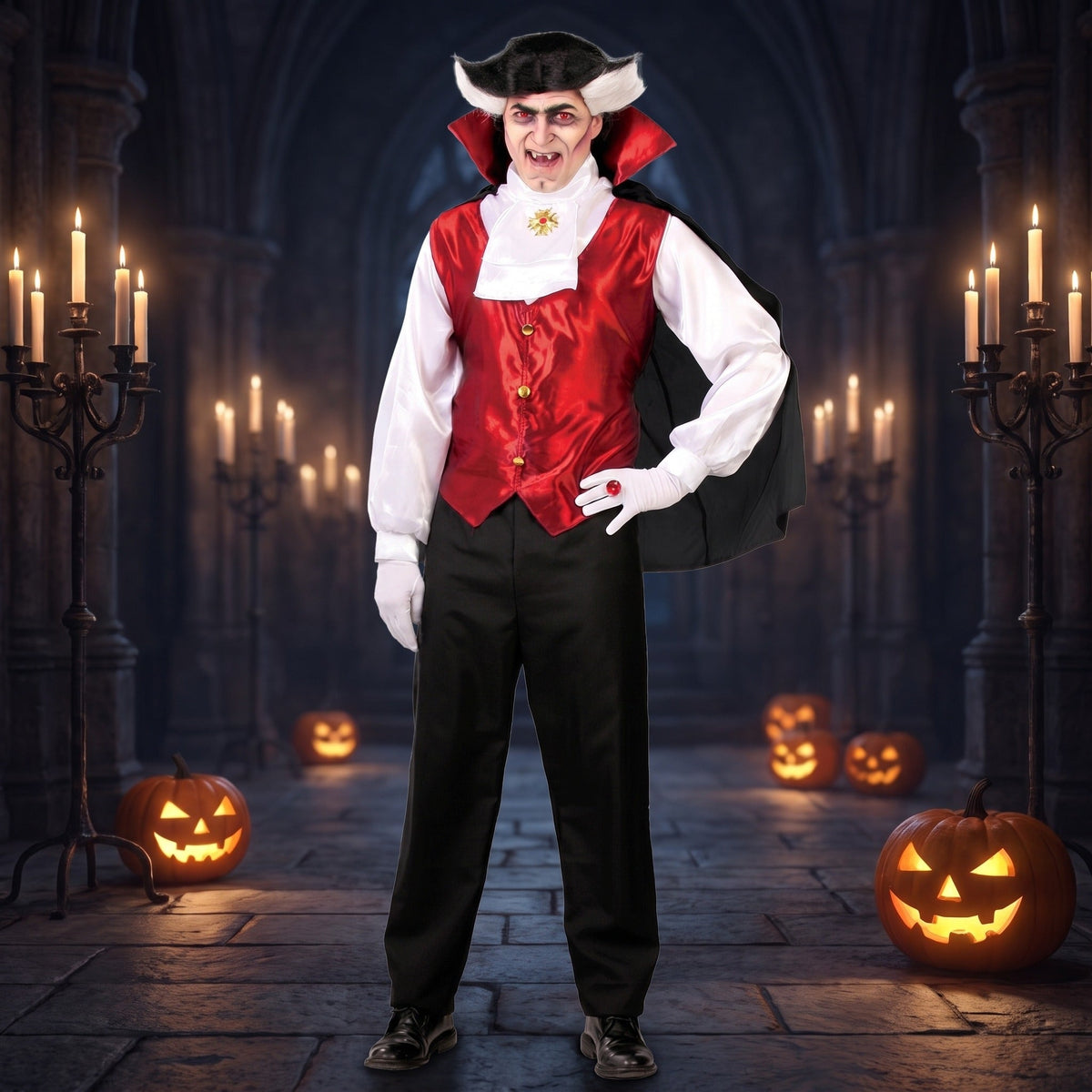 Man wearing vampire costume with red vest, cape, and tricorn hat | Chaps London