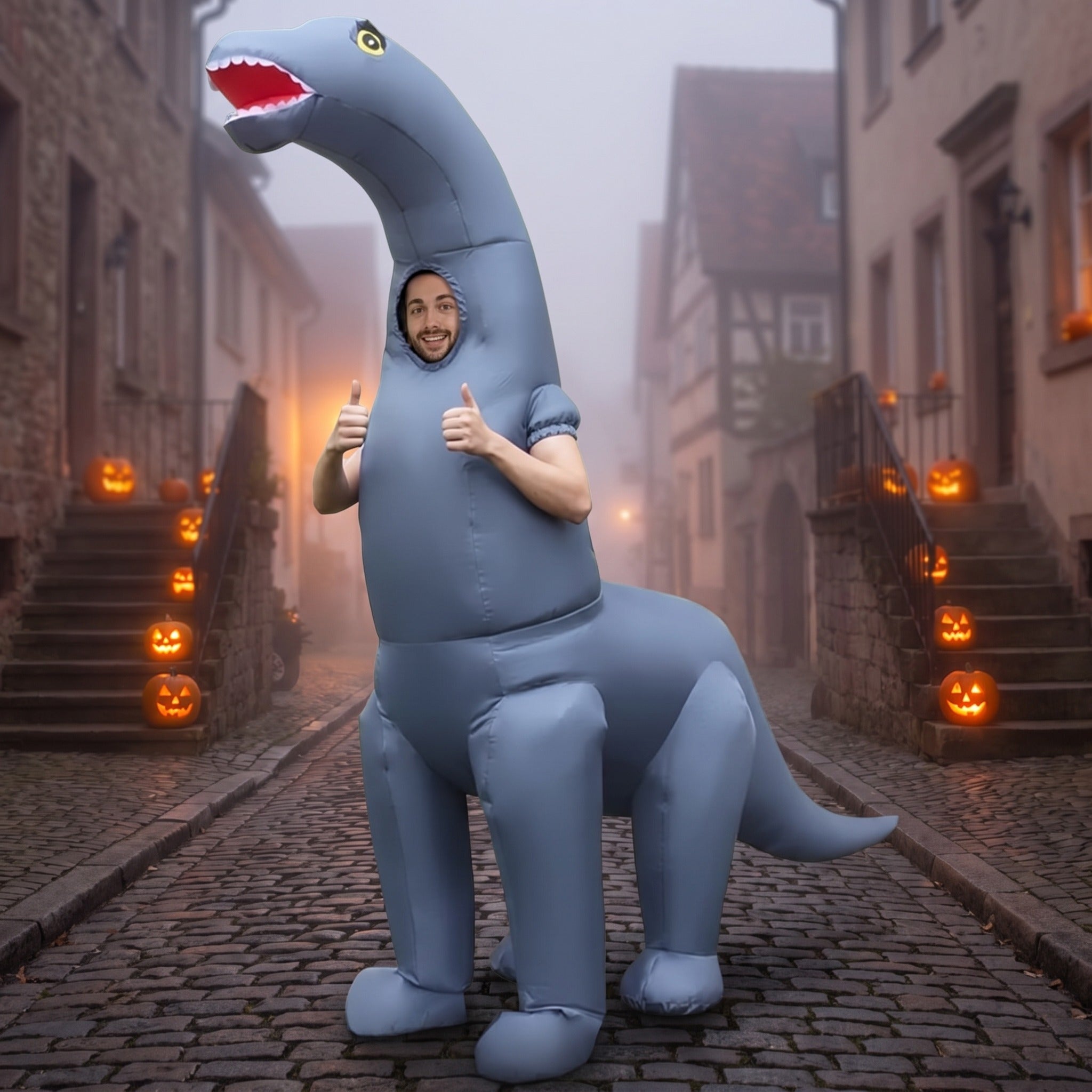 Man wearing gray inflatable long-neck dinosaur costume on foggy cobblestone street | Chaps London