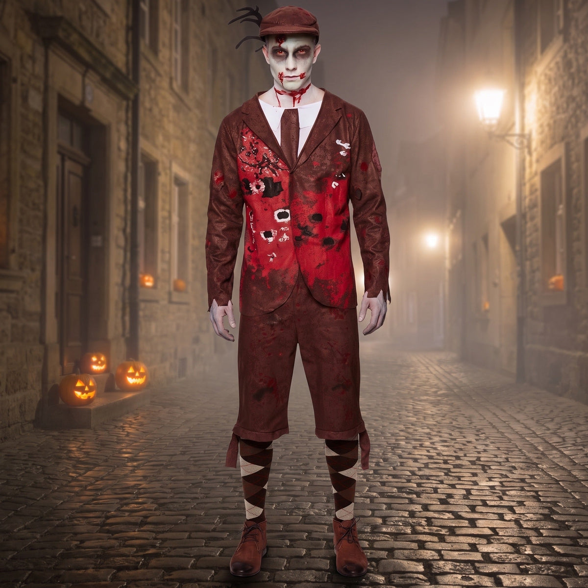 Man wearing red distressed zombie costume with jacket, knickerbockers, and flat cap outdoors | Chaps London