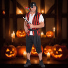 Man wearing red and black striped pirate costume with headscarf and eyepatch | Chaps London