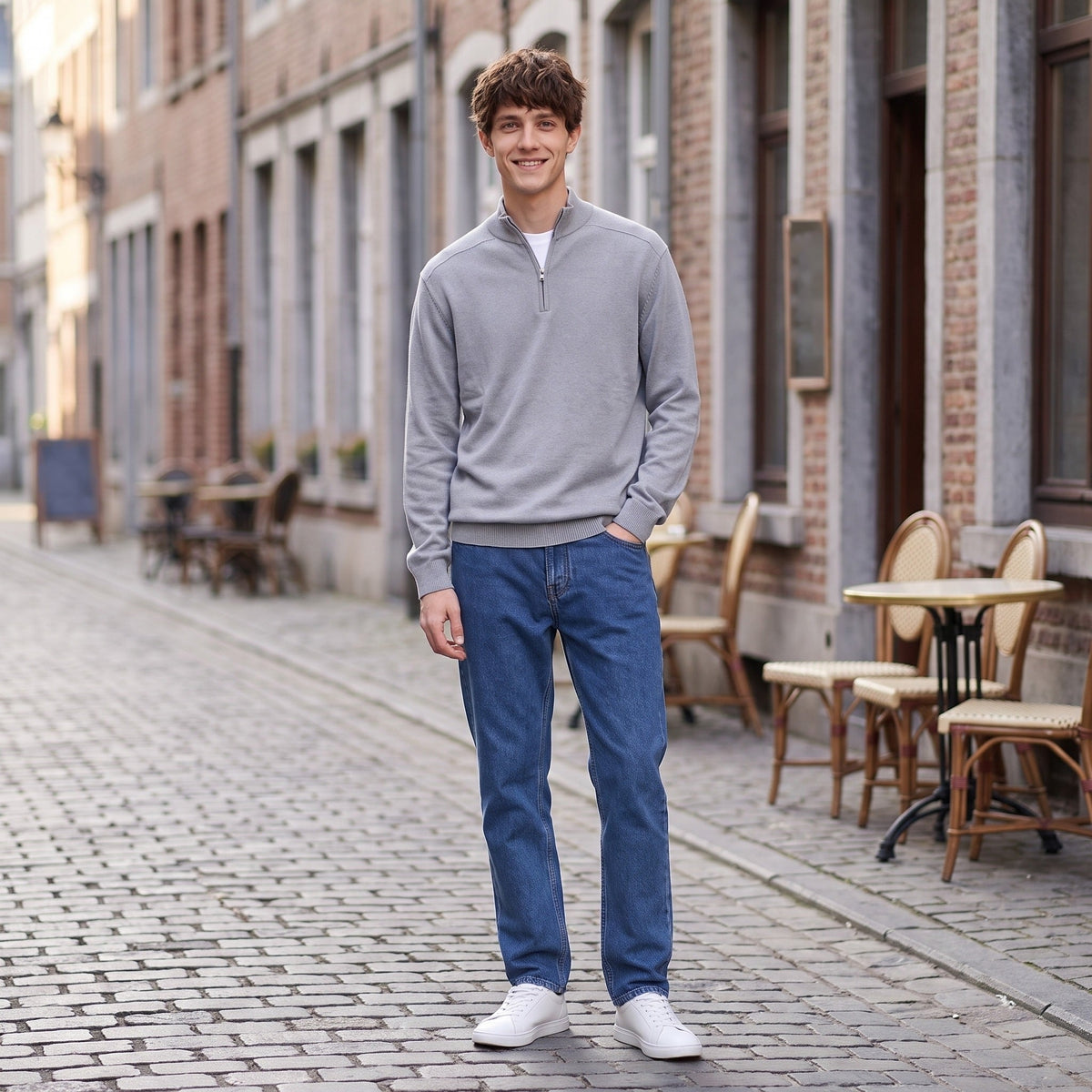 Man wearing grey half-zip jumper with blue jeans on cobblestone street | Chaps London