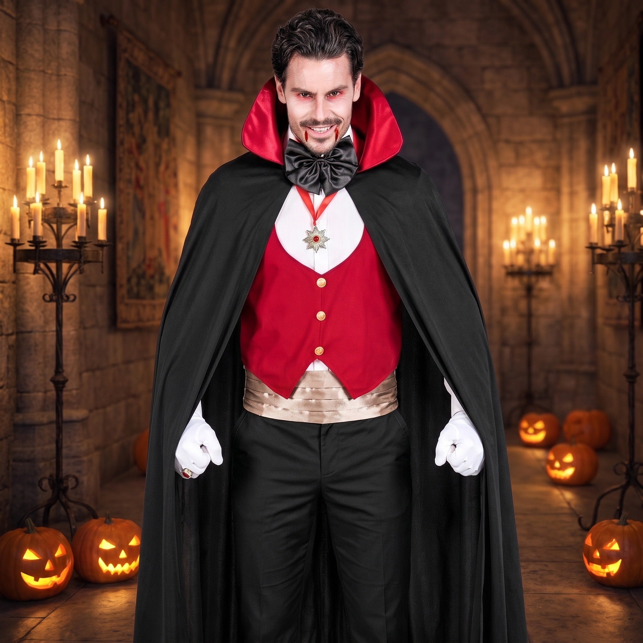 Man wearing black vampire cape, red waistcoat, and bow tie costume | Chaps London