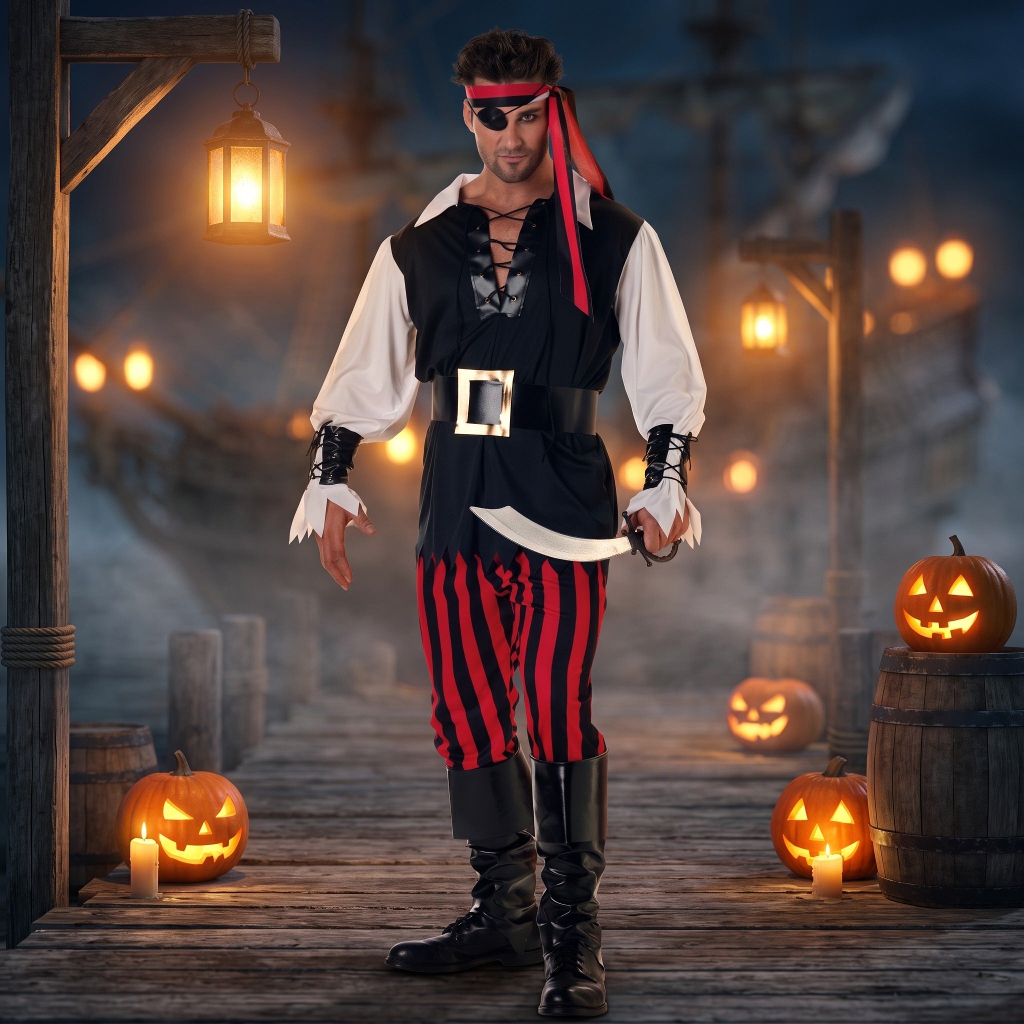 Man wearing black red striped pirate costume with eye patch and bandana | Chaps London