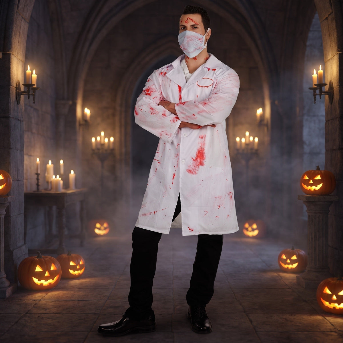 Man wearing bloody white doctor coat costume with matching face mask | Chaps London