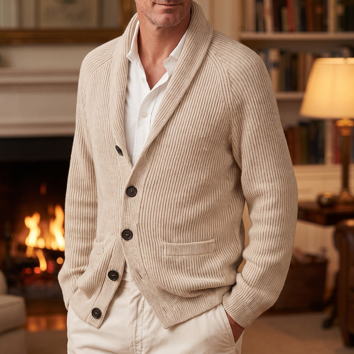 Man wearing beige ribbed knit shawl collar cardigan with buttons, fireplace background | Chaps London