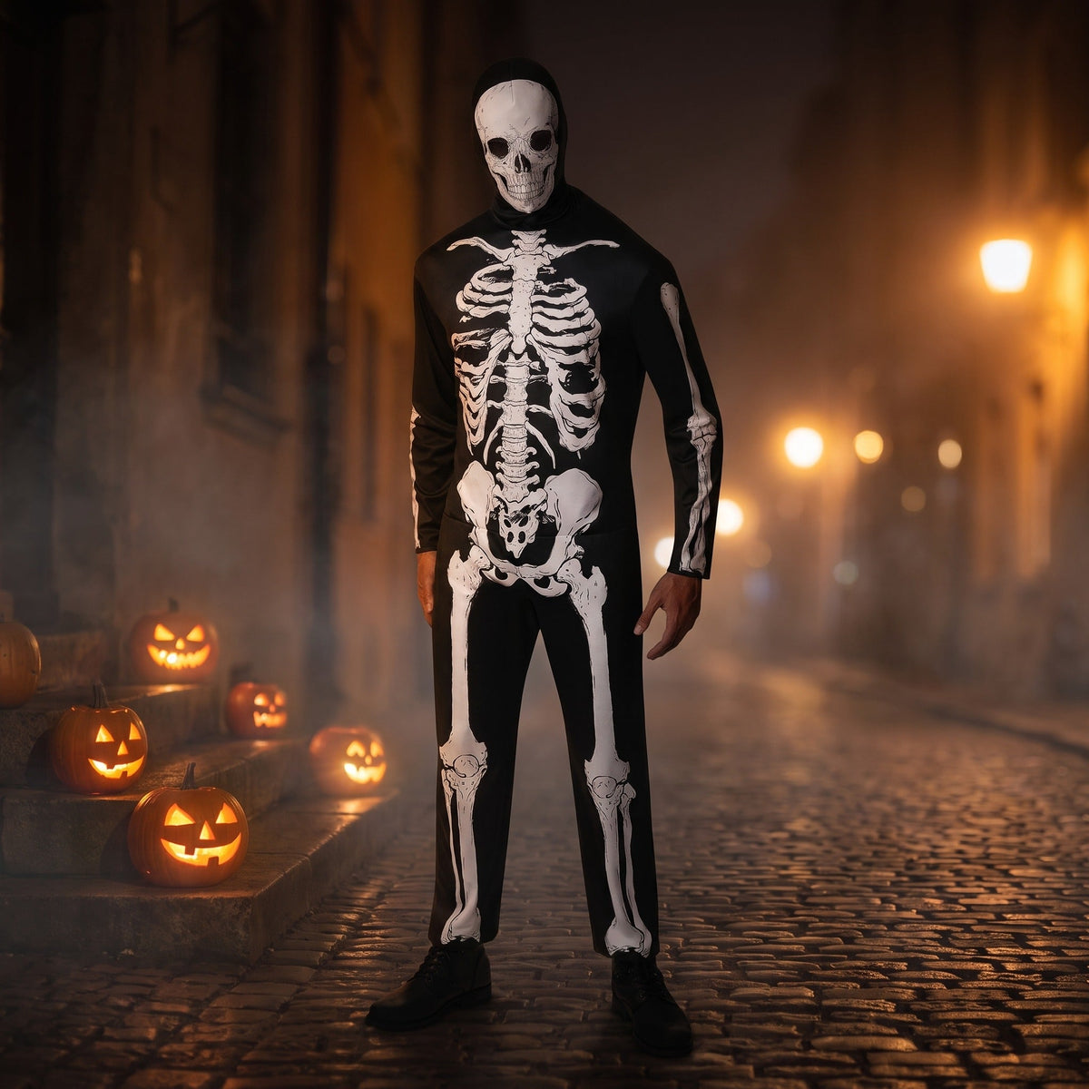 Man wearing black skeleton jumpsuit with skull hood on cobblestone street | Chaps London