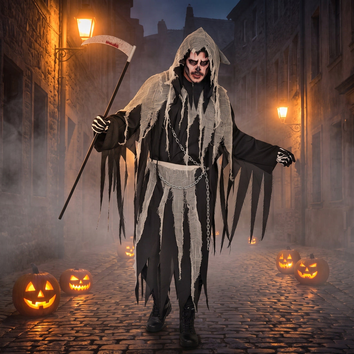 Man wearing black and gray reaper costume with scythe on street | Chaps London