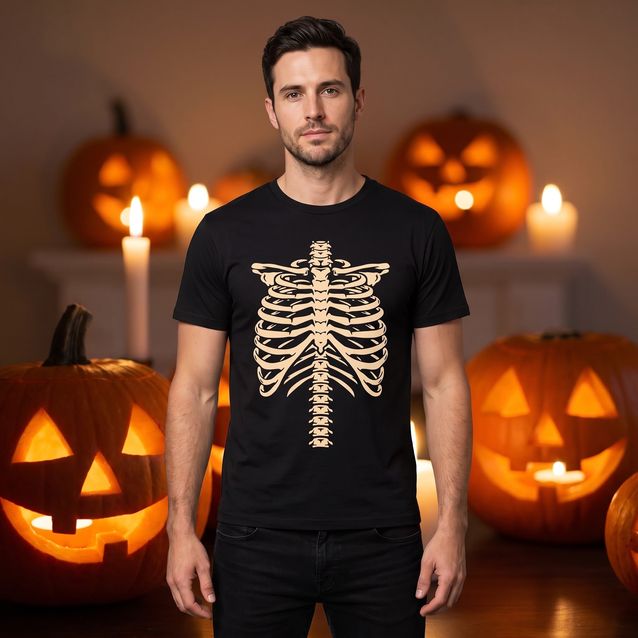 Man wearing black t-shirt with ribcage skeleton print, Halloween pumpkins background | Chaps London