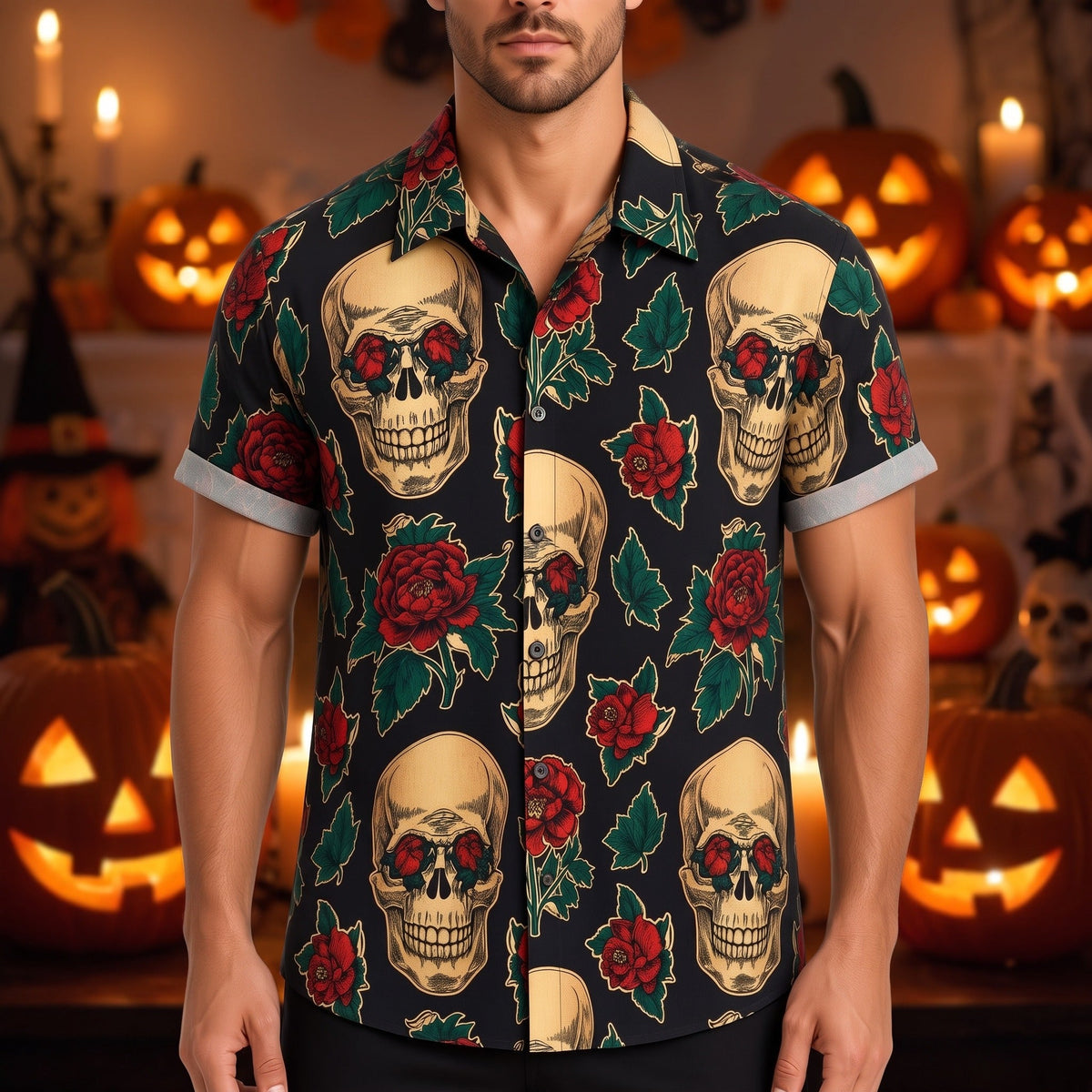 Man wearing black short-sleeve shirt with skull and red rose print | Chaps London