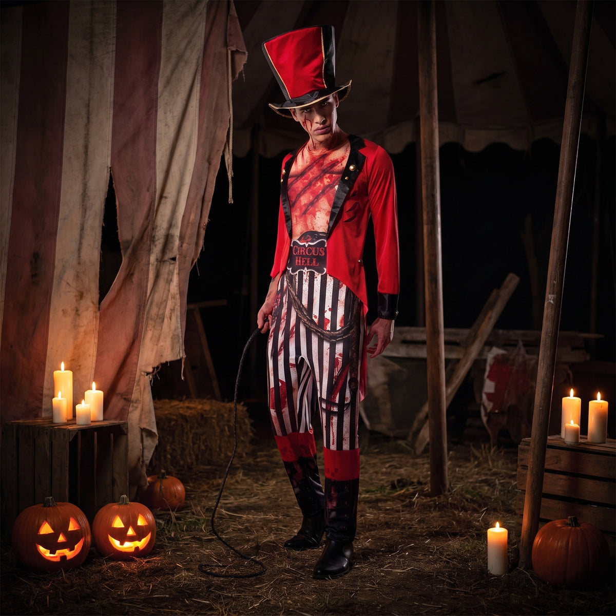 Man wearing red striped lion tamer costume with top hat, Halloween scene | Chaps London