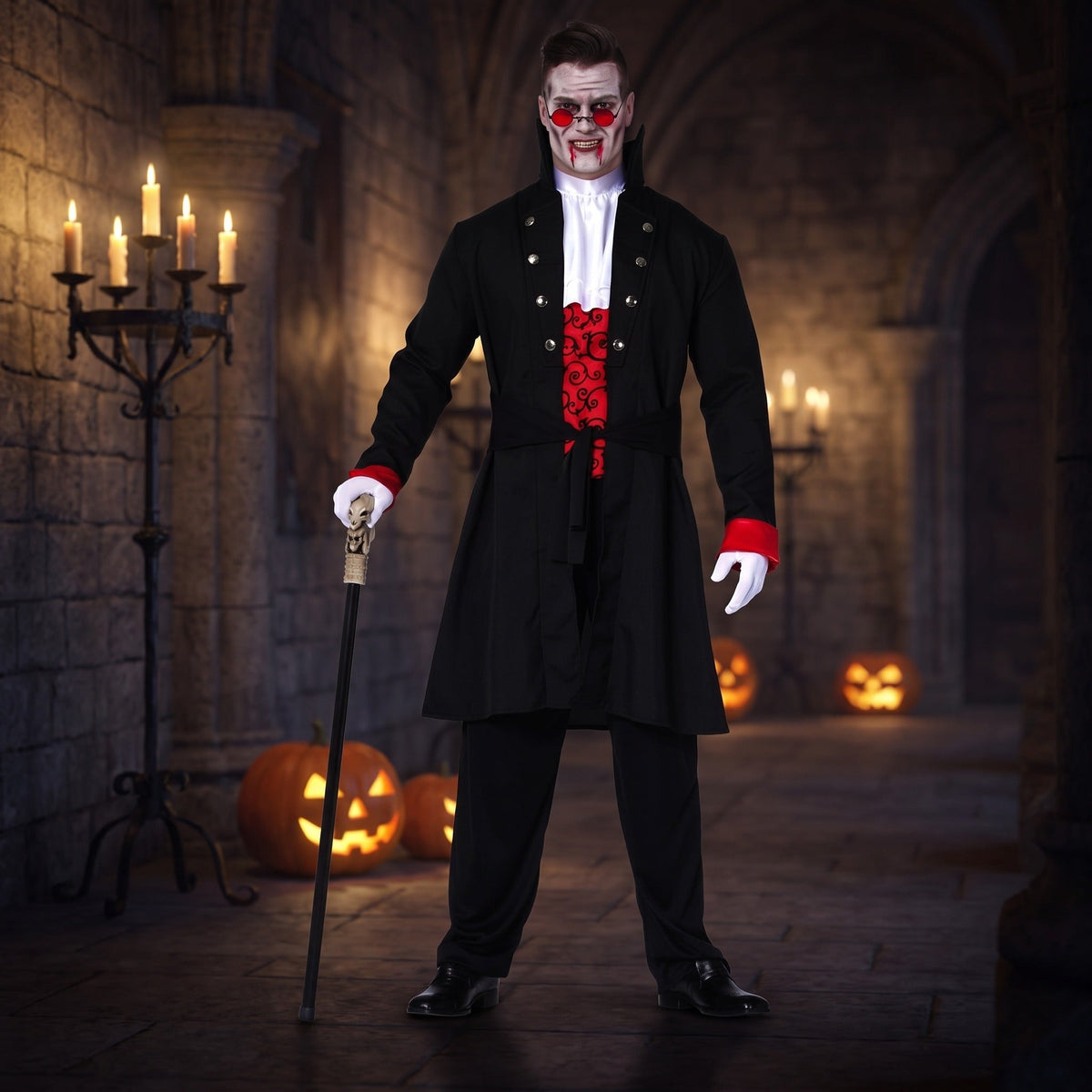 Man wearing black vampire jacket with red jabot, holding cane, Halloween setting | Chaps London