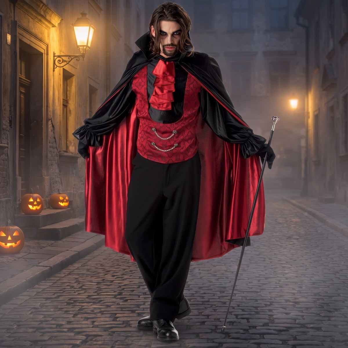 Man wearing red and black Dracula costume with cape, holding cane outdoors | Chaps London