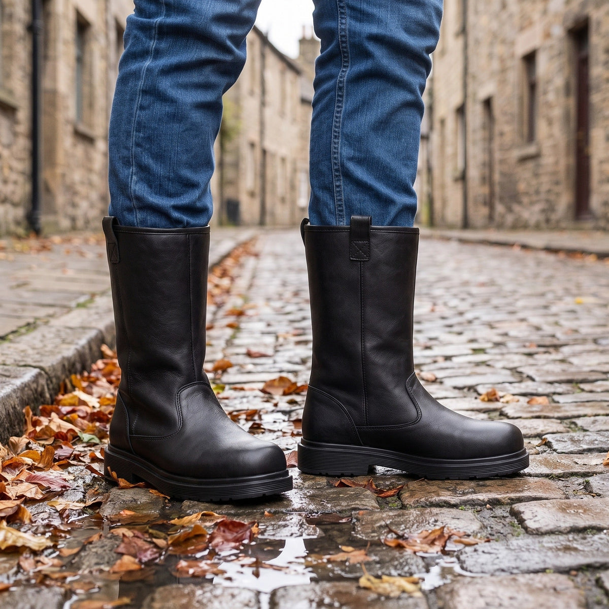 Black leather mid-calf pull-on boots worn on person standing on cobblestones | Chaps London