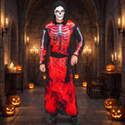 Man wearing red flame skeleton robe with hooded skull mask and sash | Chaps London