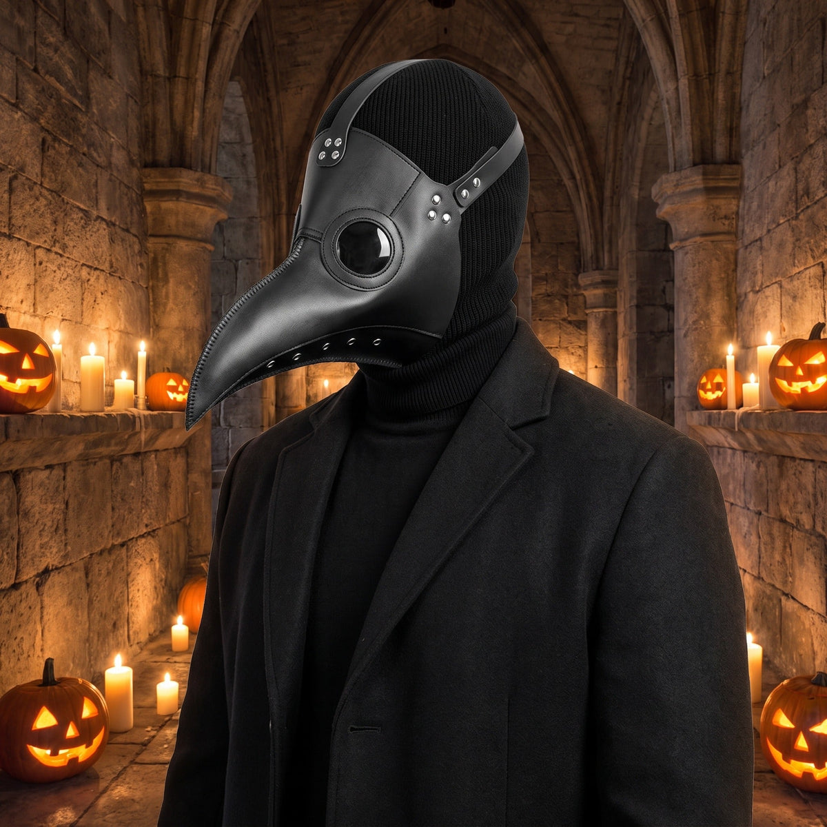 Black plague doctor mask with beak worn by person in black coat | Chaps London