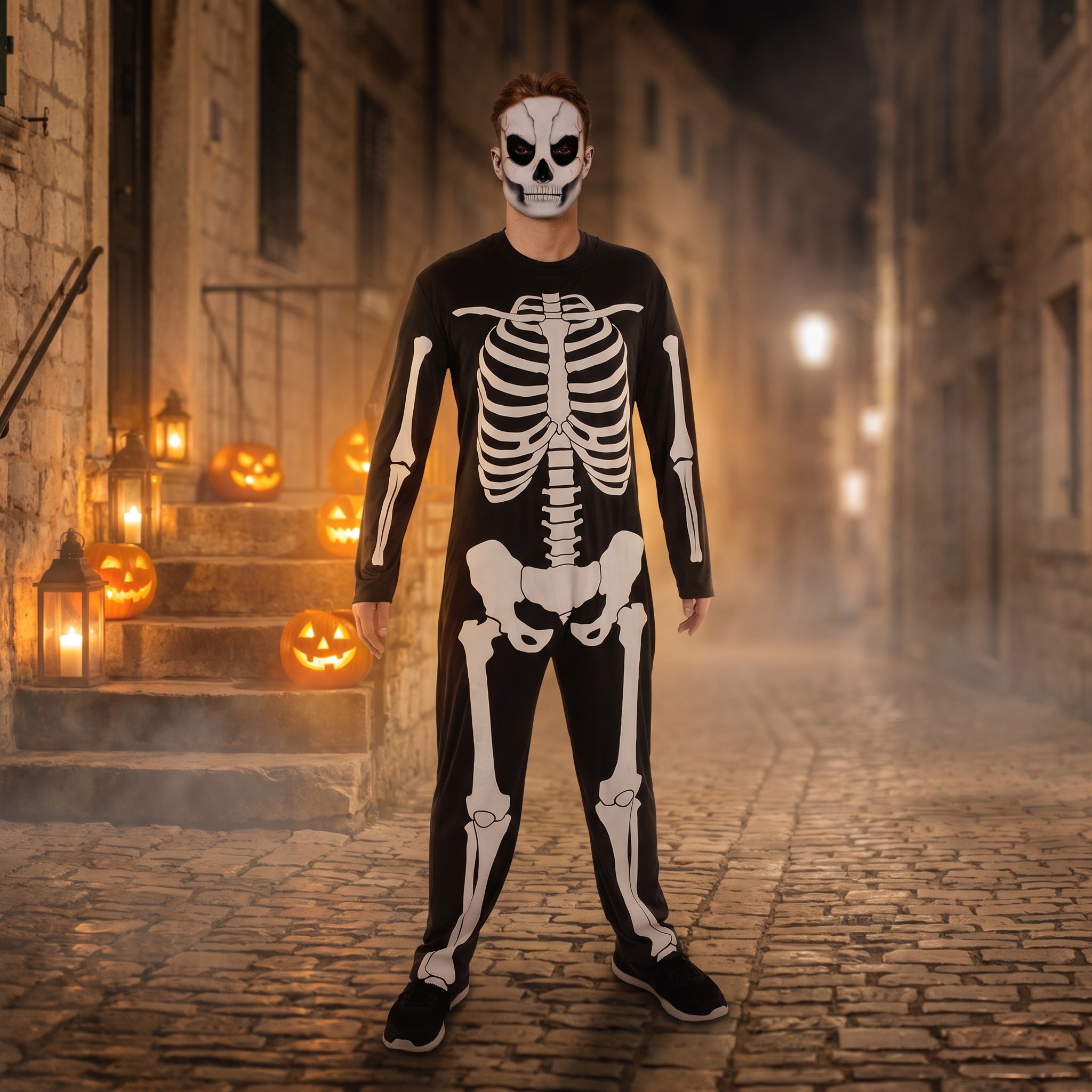 Man wearing black skeleton jumpsuit with mask, standing on cobblestone street | Chaps London