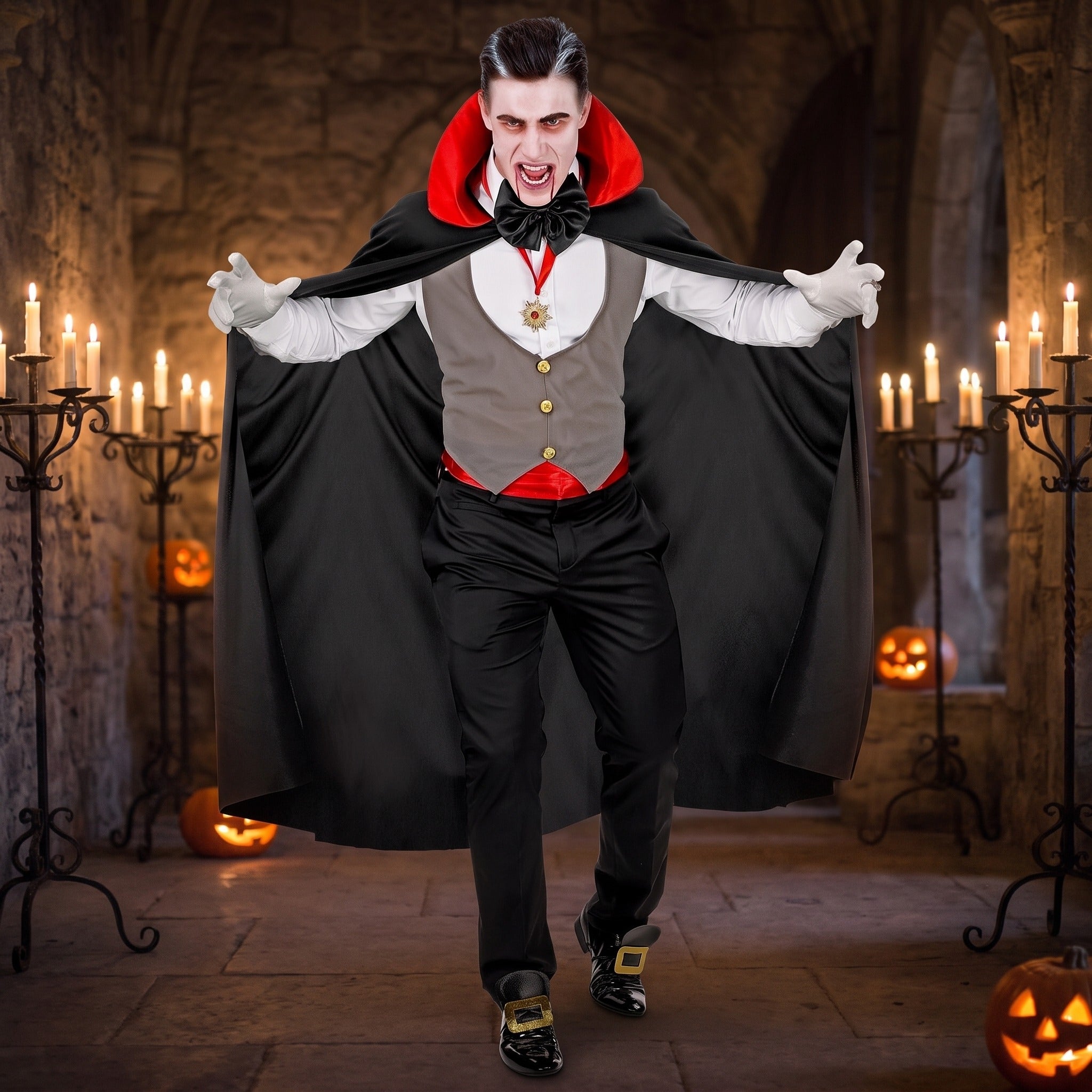 Man wearing vampire costume with cape, worn among Halloween candles and pumpkins | Chaps London