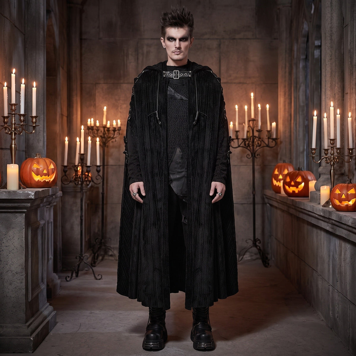 Man wearing black hooded gothic cloak in candlelit Halloween setting with pumpkins | Chaps London