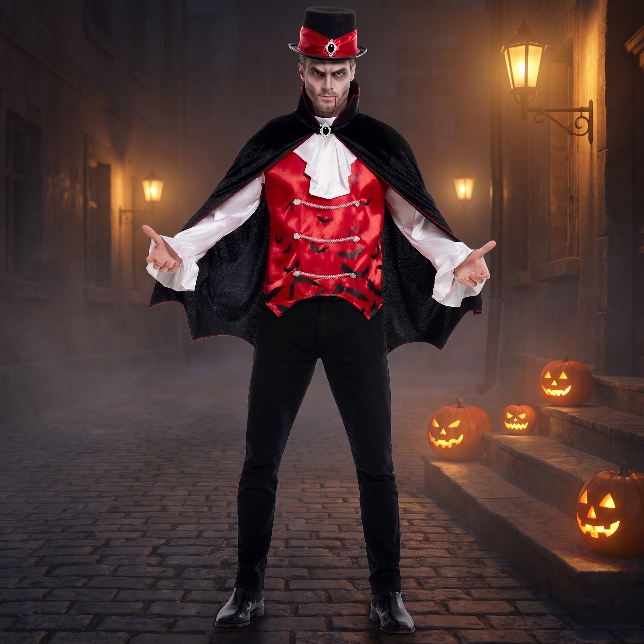 Man wearing red bat-print vampire costume with black cape and top hat | Chaps London