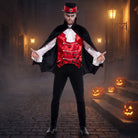 Man wearing red bat-print vampire costume with black cape and top hat | Chaps London