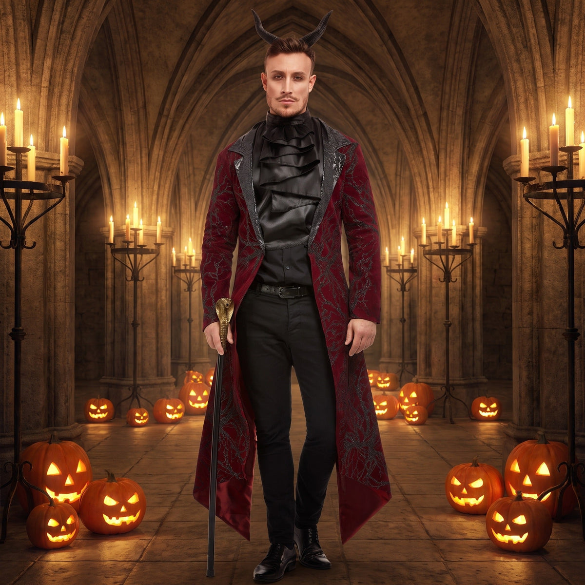 Man wearing burgundy devil tailcoat with horns, cravat, holding cane among pumpkins | Chaps London