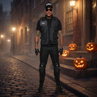 Man wearing black SWAT vest, cap, gloves and knee pads on street | Chaps London