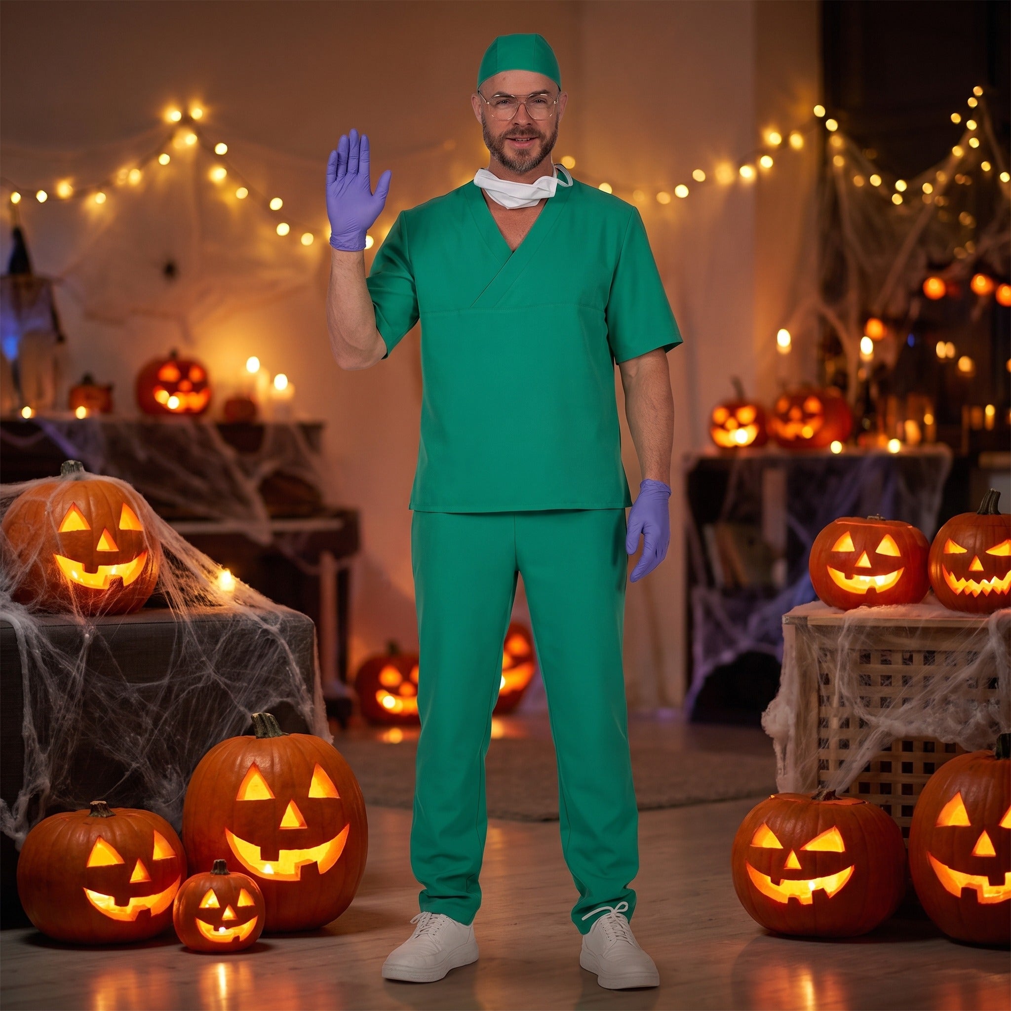 Man wearing green surgeon scrubs costume with cap, waving, Halloween pumpkin setting | Chaps London