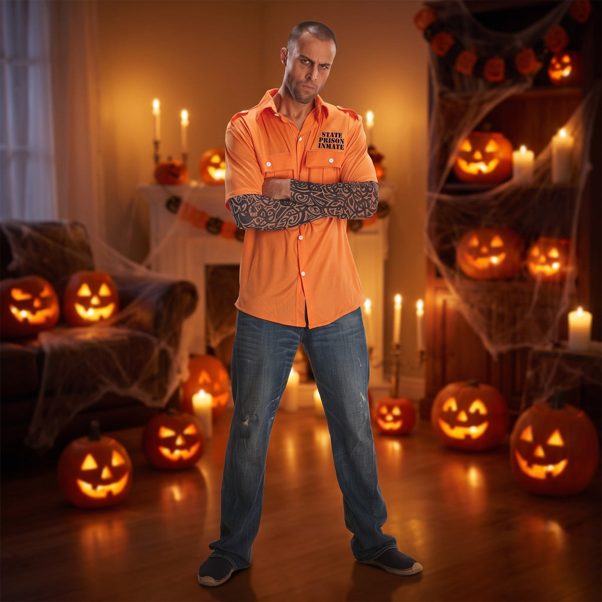 Man wearing orange shirt with tattoo sleeves in Halloween pumpkin setting | Chaps London