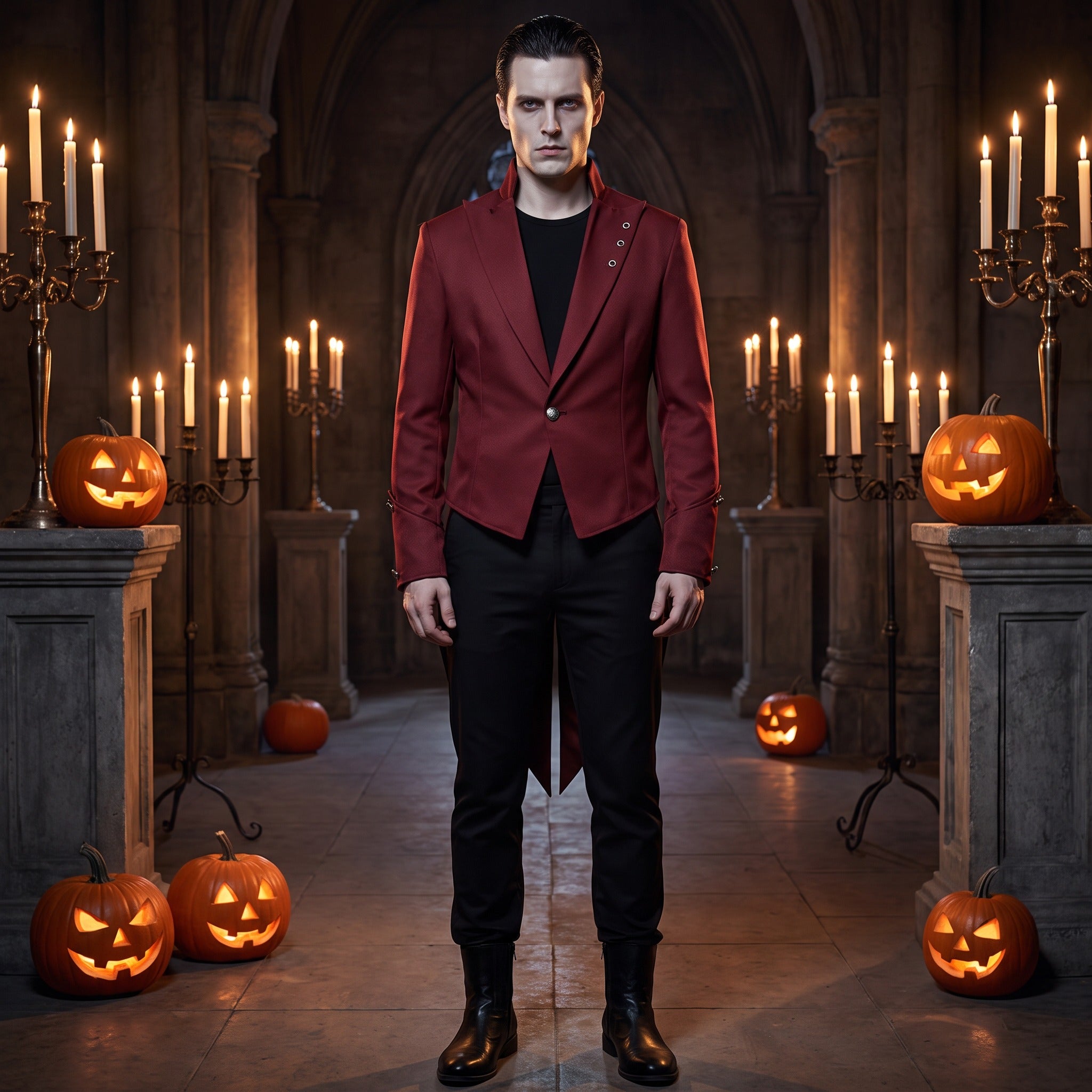 Man wearing red and black swallowtail jacket with black trousers, Halloween setting | Chaps London