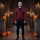 Man wearing red and black swallowtail jacket with black trousers, Halloween setting | Chaps London