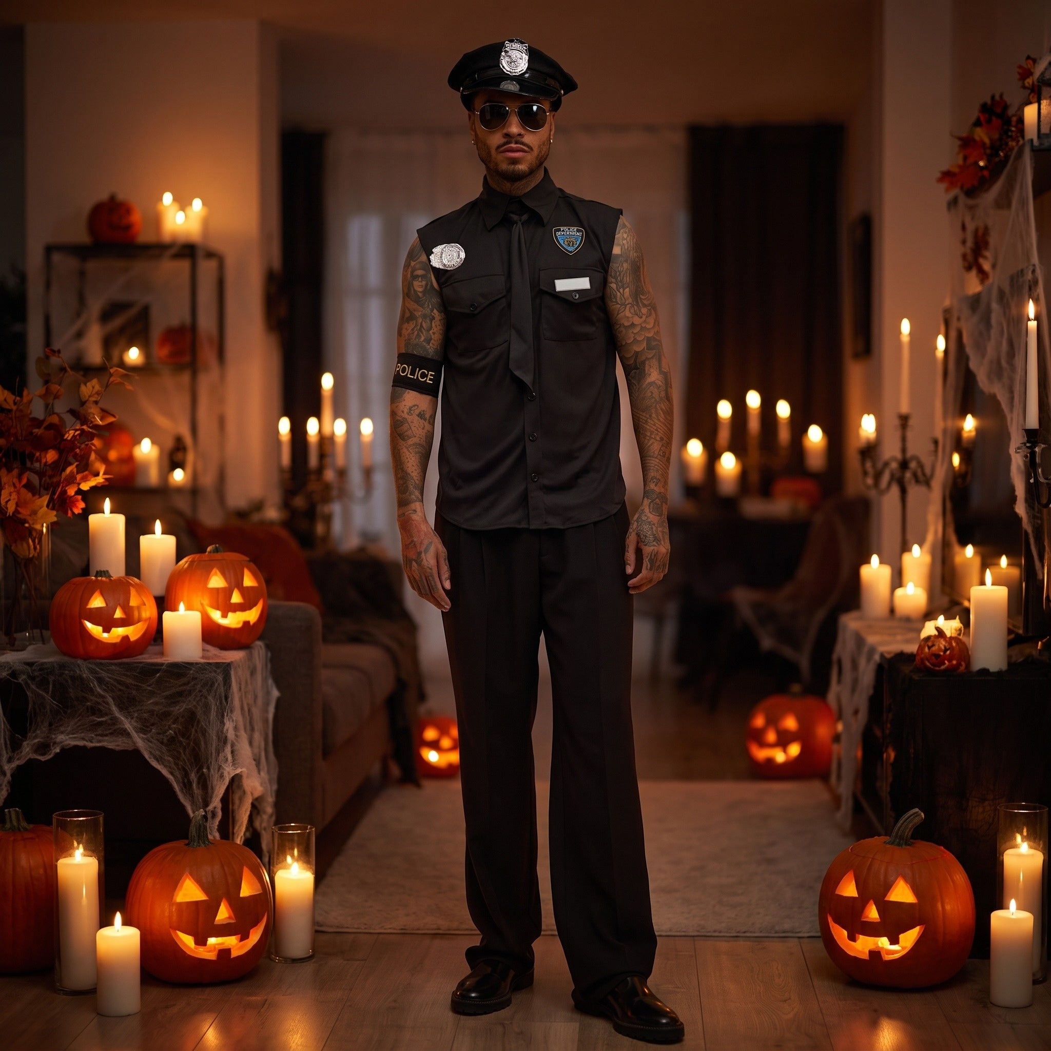 Man wearing black police costume with hat and sunglasses, Halloween pumpkins background | Chaps London