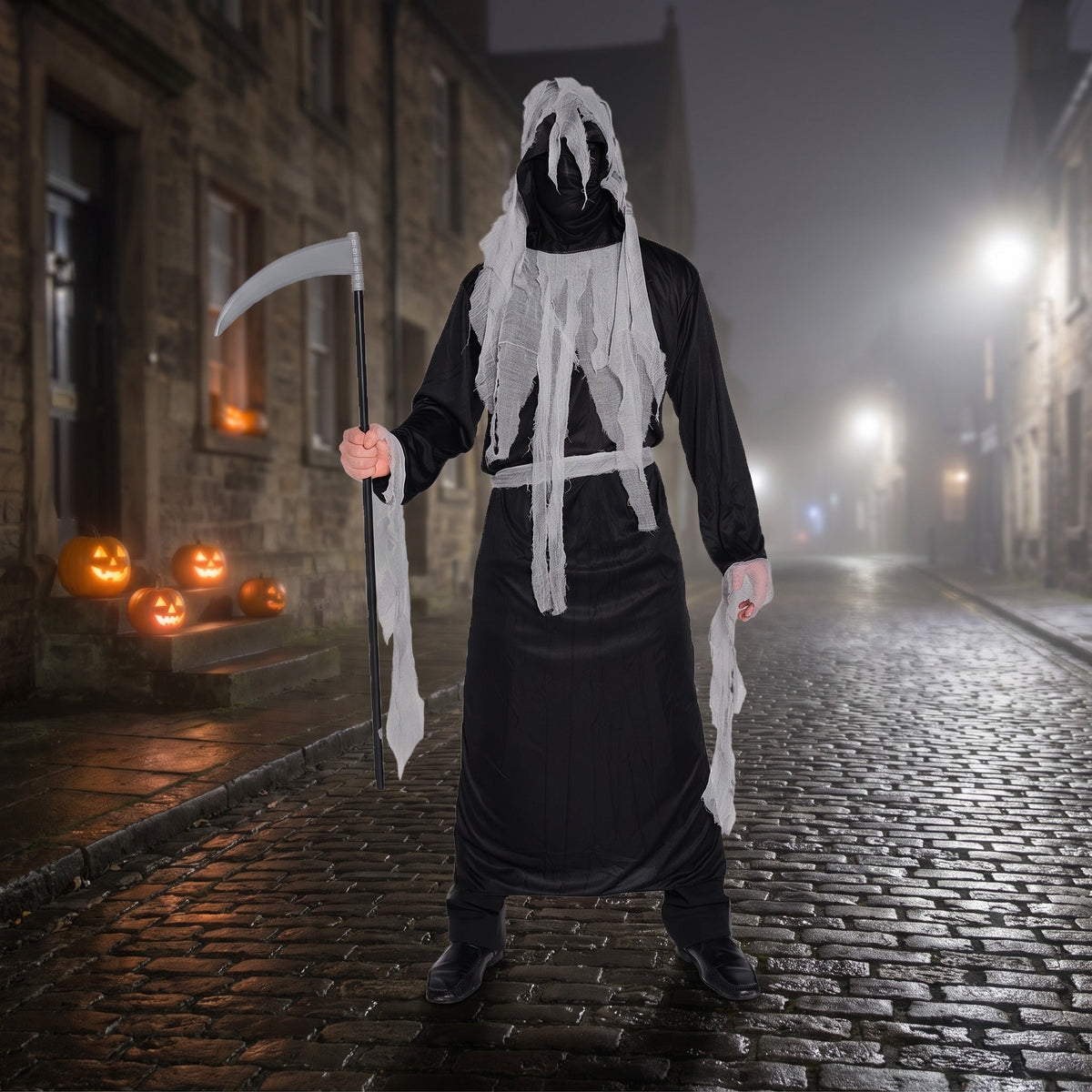 Man wearing black robe costume with white rag mask, holding scythe outdoors | Chaps London