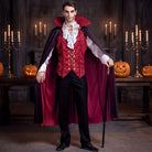 Man wearing red vampire costume with cape and ruffled shirt | Chaps London