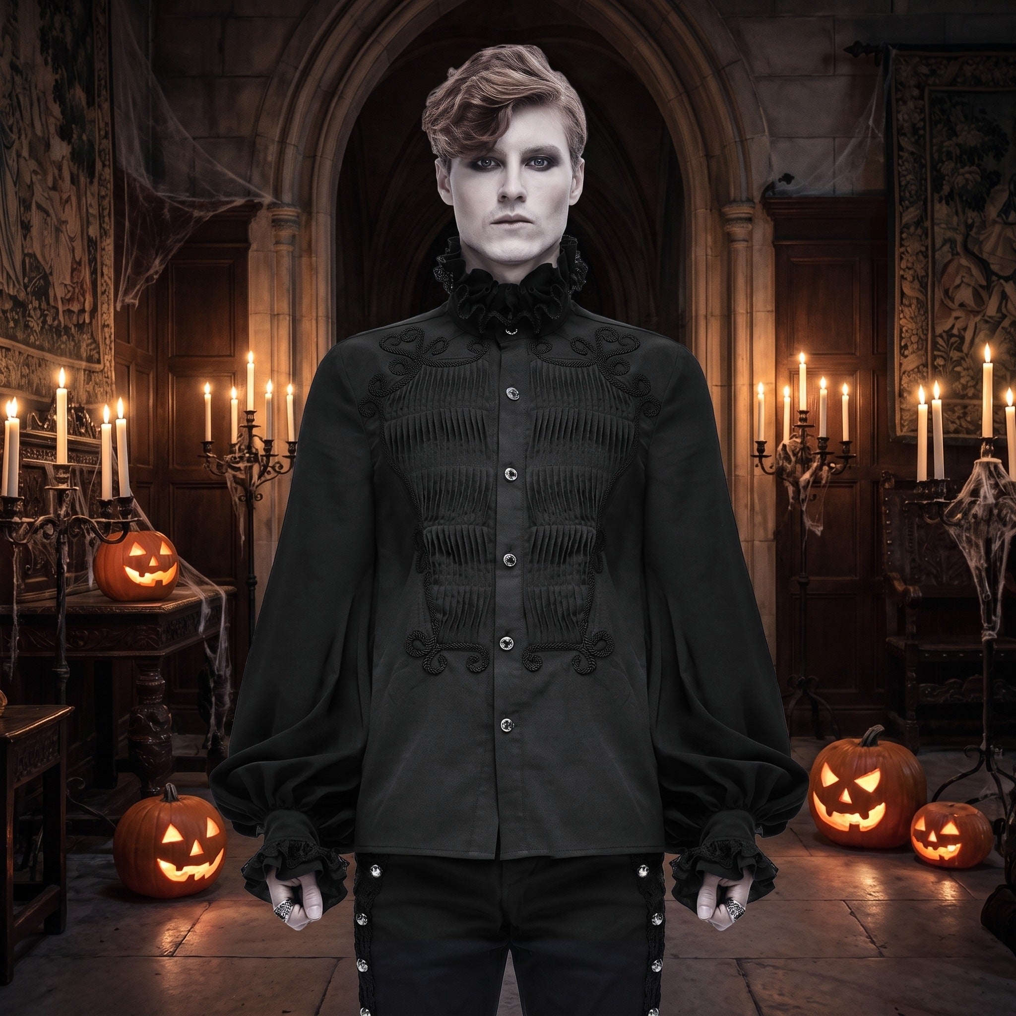 Man wears black pleated gothic shirt with ruffled collar, Halloween castle setting | Chaps London